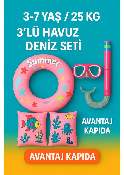 Çocuklar Için 3'lü Havuz ve Deniz Seti, Simit, Kolluk, Gözlük ve Şnorkel, 3-7 Yaş