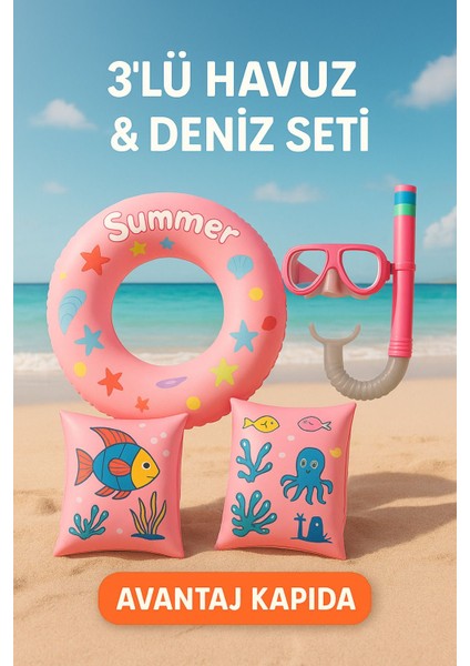 Çocuklar Için 3'lü Havuz ve Deniz Seti, Simit, Kolluk, Gözlük ve Şnorkel, 3-7 Yaş fiyatları