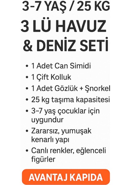 Çocuklar Için 3'lü Havuz ve Deniz Seti, Simit, Kolluk, Gözlük ve Şnorkel, 3-7 Yaş modelleri