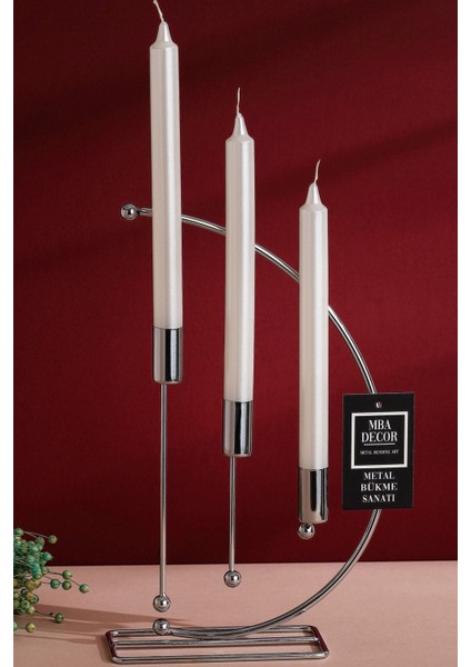 3'lü Metal Şamdan, Şık Dekoratif Mumluk, 25CM, Paslanmaz Kaplama