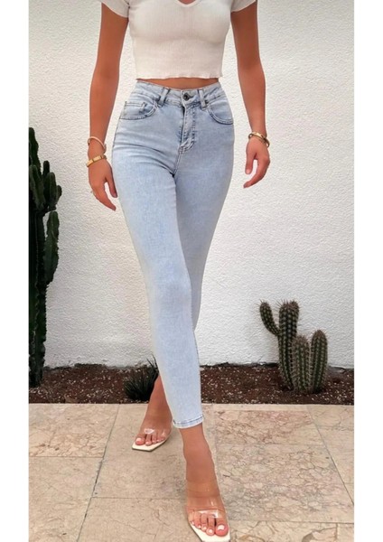 Kadın Açık Kar Mavi Kot Pantolon Skinny Jeans