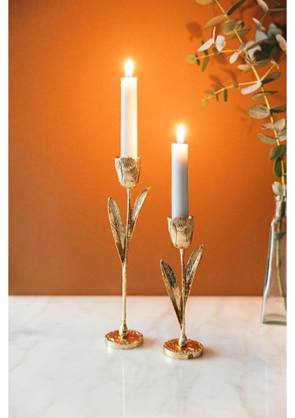 2'li Elegant Botanica Altın Yapraklı Şamdan Seti, Şık ve Doğal Dekorasyon Için Ideal