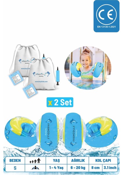 Çocuklar Için Mavi Şişme Deniz Kolluğu, 1-4 Yaş, 2 Adet Set