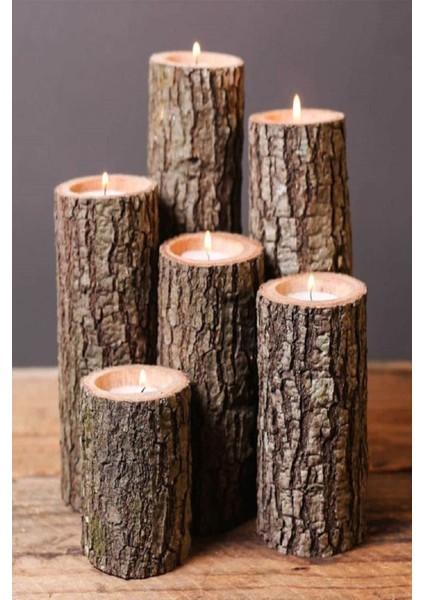 Ahşap Dilim Mumluk Seti, Dekoratif ve Şık 6'lı Paket