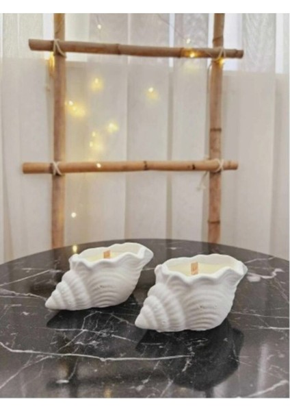 Şık Ikili Deniz Kabuklu Mum Seti, Beyaz, Dekoratif ve Hediye Seçeneği
