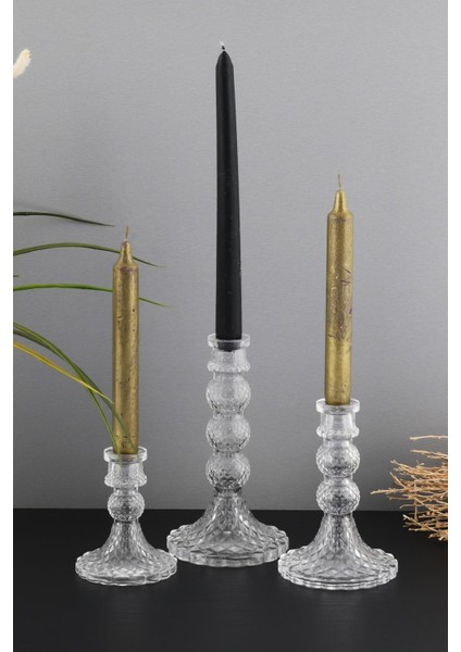 Şeffaf 3'lü Kristal Görünümlü Cam Mumluk Seti, Dekoratif ve Şık Tasarım