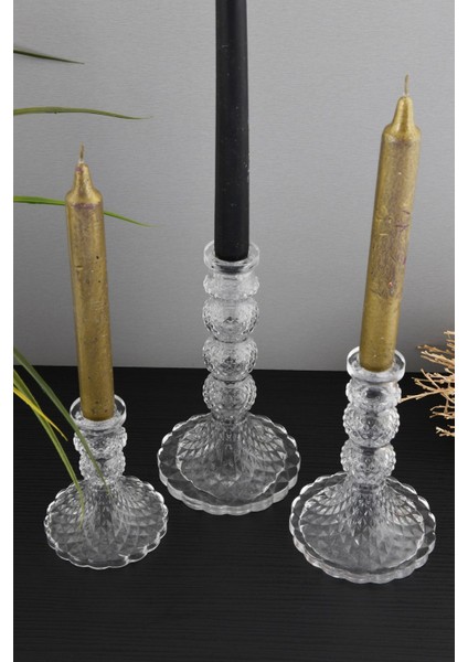 Şeffaf 3'lü Kristal Görünümlü Cam Mumluk Seti, Dekoratif ve Şık Tasarım fiyatları
