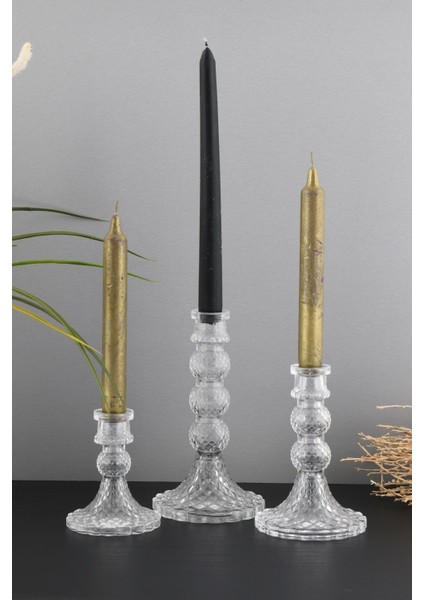 Şeffaf 3'lü Kristal Görünümlü Cam Mumluk Seti, Dekoratif ve Şık Tasarım fırsatları
