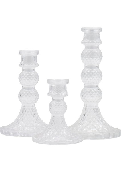 Şeffaf 3'lü Kristal Görünümlü Cam Mumluk Seti, Dekoratif ve Şık Tasarım
