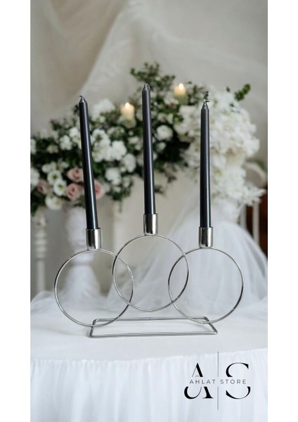 Gümüş Metal 3 Gözlü Yuvarlak Mumluk, Ev Dekorasyonu, Şamdan, Gri Renk