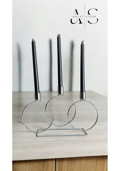 Gümüş Metal 3 Gözlü Yuvarlak Mumluk, Ev Dekorasyonu, Şamdan, Gri Renk fiyatları