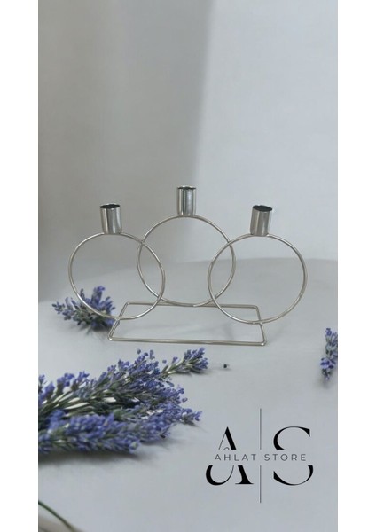 Gümüş Metal 3 Gözlü Yuvarlak Mumluk, Ev Dekorasyonu, Şamdan, Gri Renk modelleri