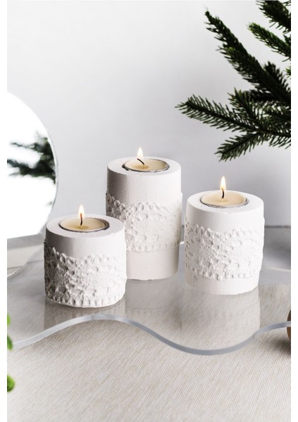Şık 3’lü Dantel Detaylı Beyaz Beton Mumluk Takımı