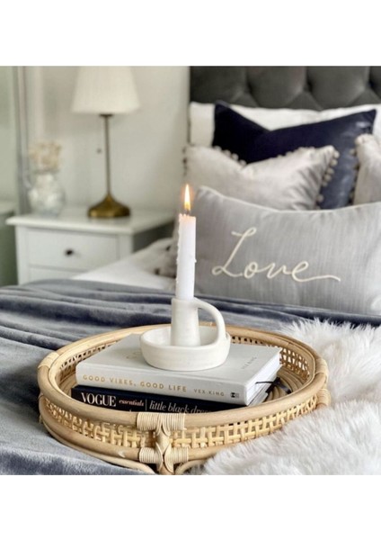 Beyaz Vintage Kulplu Mumluk 10X2 Cm, Şık ve Zarif Dekorasyon Ürünü