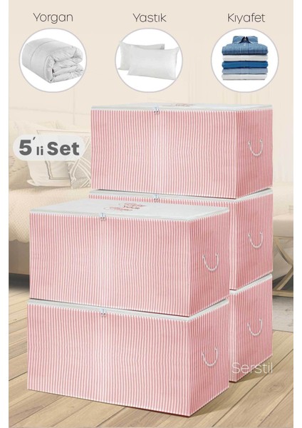5'li Pembe Çizgili Büyük Boy Hurç, 74X46X46 Cm, Şık ve Kullanışlı Depolama Seti fiyatları