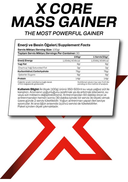 Bioxlab X-Core Mass Gainer Çilek Aromalı 3000 gr 30 Servis Karbonhidrat Tozu - Gainer - Hacim