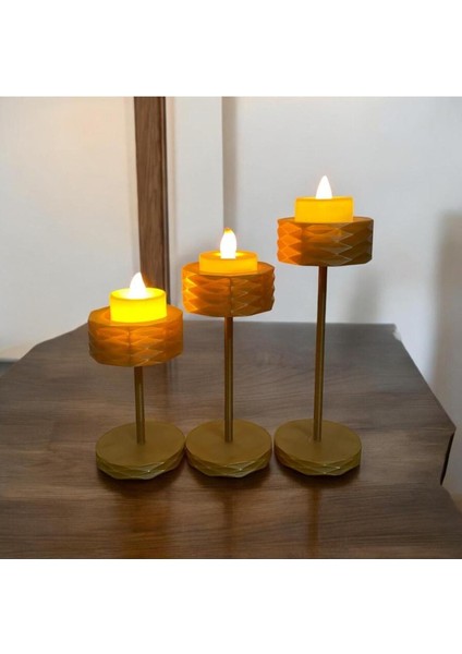 3'lü Sarı Şamdan Seti, Mum ve LED ile Şıklık Sağlayan Dekoratif Ürün