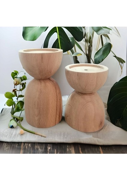 2'li Doğal Ahşap Konik Şamdan Mumluk Dekoratif Şık ve Kullanışlı Aksesuar