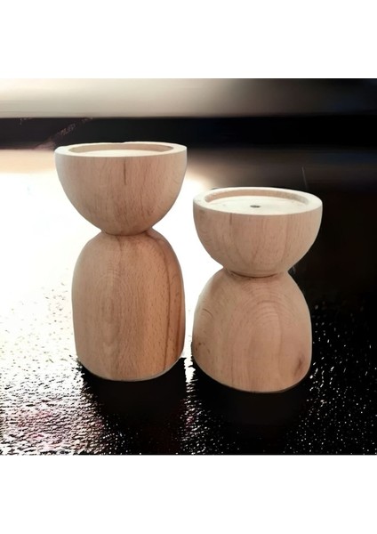 2'li Doğal Ahşap Konik Şamdan Mumluk Dekoratif Şık ve Kullanışlı Aksesuar