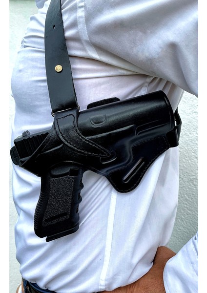 Deri Silah Kılıfı Glock 17- 19- 23 Için Omuz + Bel Çekim - Sağ El - Vaketa Deri Özel El Yapımı