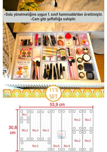 Şeffaf 11 Parça Makyaj ve Takı Organizeri, Modüler Çekmece İçi Düzenleyici