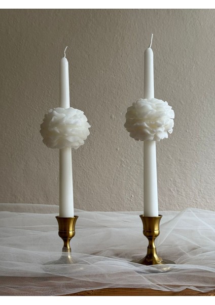 Beyaz Gül Motifli Şakayıklı Şamdan Mum Takımı 2'li
