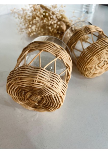 Rattan ve Bambudan Şık Cam Bardak Mumluk, Dekoratif ve Doğal Tasarım, 1 Adet fiyatları