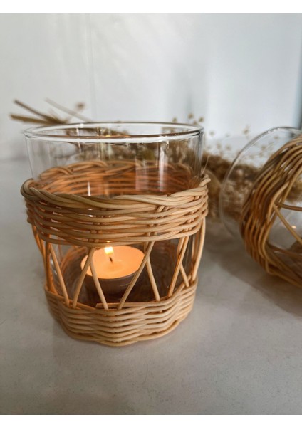 Rattan ve Bambudan Şık Cam Bardak Mumluk, Dekoratif ve Doğal Tasarım, 1 Adet modelleri