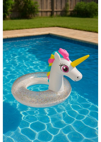 3-6 Yaş Renkli Simli Unicorn Simit Bebek ve Deniz Havuz Simidi 75 cm