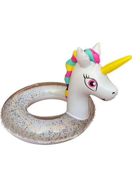 3-6 Yaş Renkli Simli Unicorn Simit Bebek ve Deniz Havuz Simidi 75 cm