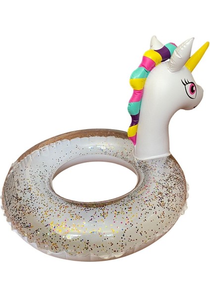 3-6 Yaş Renkli Simli Unicorn Simit Bebek ve Deniz Havuz Simidi 75 cm