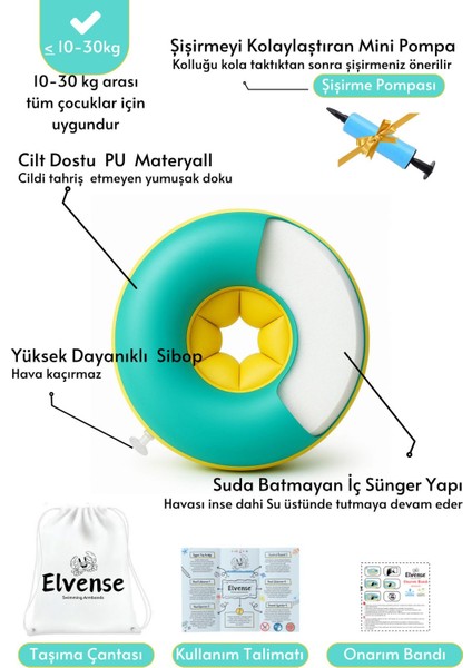 Renkli Çocuk Yüzme Kolluğu Seti, Pompalı ve Taşıma Çantalı, 10-30 kg Için Uygun