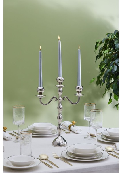 3'lü Şamdan Seti, Şık Gümüş Tasarım, 38X29 Cm, Şıklık ve Zarafet Sunar