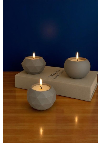 3'lü Gri Beton Dekoratif Mumluk Seti - Şık ve Modern Tasarım