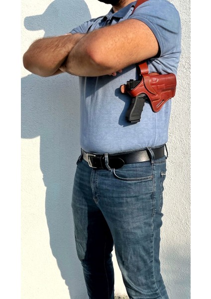 Deri Silah Kılıfı Glock 17- 19- 23 Için Omuz + Bel Çekim - Sağ El - Vaketa Deri Özel El Yapımı