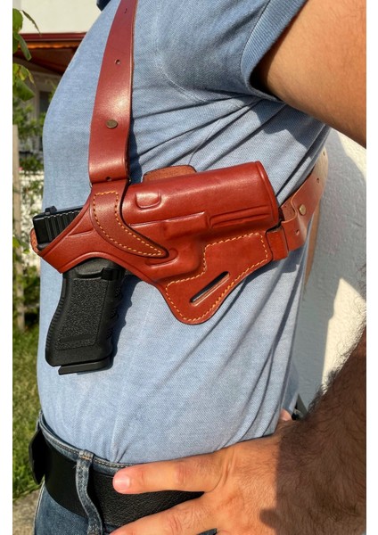 Deri Silah Kılıfı Glock 17- 19- 23 Için Omuz + Bel Çekim - Sağ El - Vaketa Deri Özel El Yapımı