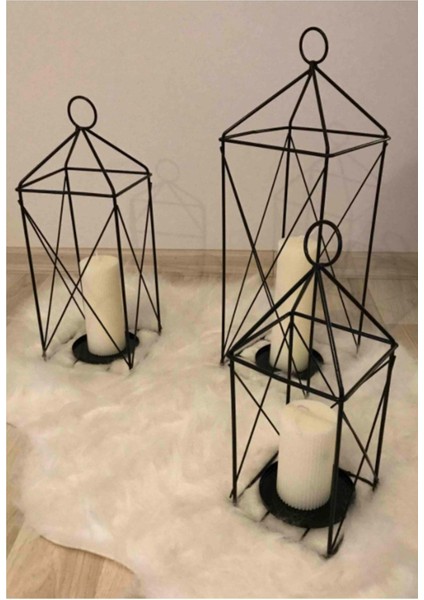 3'lü Ferforje Mumluk Kafes Takımı, Siyah Metal Dekoratif Fener ve Şamdan