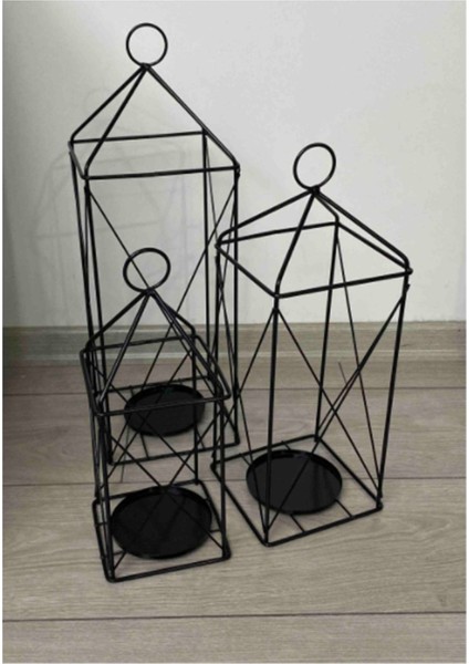 3'lü Ferforje Mumluk Kafes Takımı, Siyah Metal Dekoratif Fener ve Şamdan fiyatları