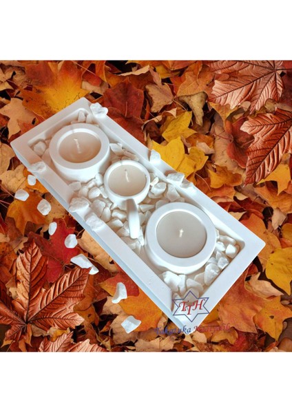 Modern 4'lü Beton Tepsili Dolomit Taşlı Mumluk Seti, Beyaz, Içeriğinde Mumlar Dahil fiyatları