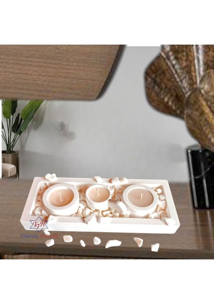 Modern 4'lü Beton Tepsili Dolomit Taşlı Mumluk Seti, Beyaz, Içeriğinde Mumlar Dahil modelleri