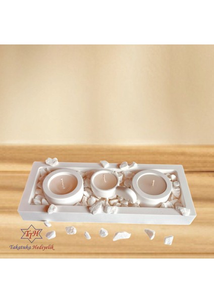 Modern 4'lü Beton Tepsili Dolomit Taşlı Mumluk Seti, Beyaz, Içeriğinde Mumlar Dahil fırsatları
