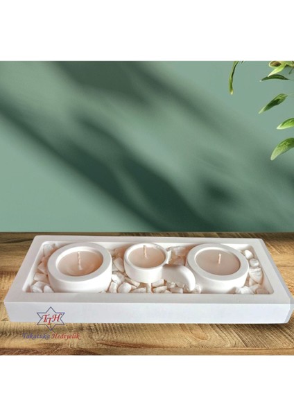 Modern 4'lü Beton Tepsili Dolomit Taşlı Mumluk Seti, Beyaz, Içeriğinde Mumlar Dahil indirimleri