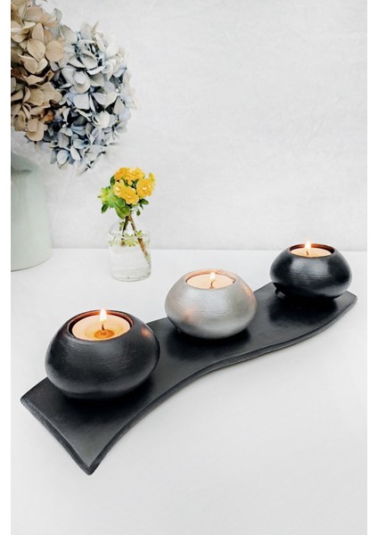 4 Parça Siyah ve Gri Beton Mumluk Takımı, Şık ve Modern Dekorasyon Için.