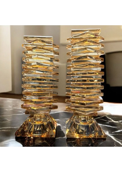 Şeffaf Bal Rengi Kristal Cam Ikili Kare Kesme Şamdan, Zarif ve Şık Dekorasyon Parçası