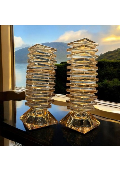 Şeffaf Bal Rengi Kristal Cam Ikili Kare Kesme Şamdan, Zarif ve Şık Dekorasyon Parçası modelleri