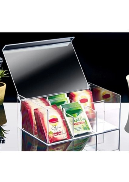 6 Bölmeli Dikdörtgen Çay ve Kahve Saklama Kutusu, Şeffaf ve Şık Tasarım