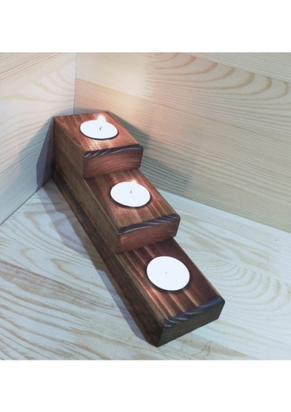 Doğal Ahşap 3'lü Mumluk Seti, Oyma Şamdan ve Tealight Mumlar ile