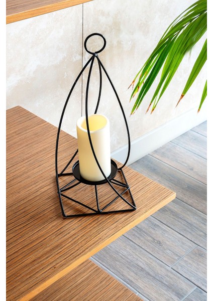 Şık Piramit Ferforje Mumluk, Metal Fener, Rustik Siyah Şamdan, Dekoratif Aydınlatma