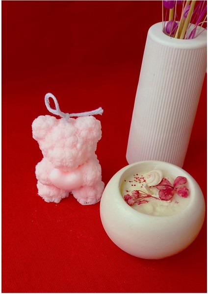Beyaz Beton Tealight Mumluk ve Kalpli Küçük Ayıcık Soya Mumları Seti