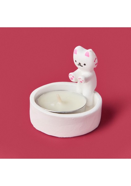 Beyaz 5 cm Kedi Figürlü Mumluk, Şık Dekorasyon Aksesuarı